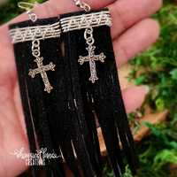 Black Leather Earrings w/Crosses - Thumbnail 2