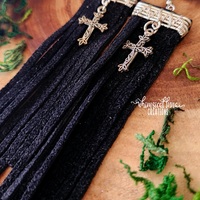 Black Leather Earrings w/Crosses - Thumbnail 1
