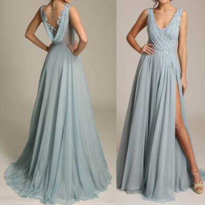A line dusty blue v neck chiffon evening dress with side split