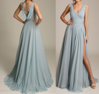 A Line Dusty Blue V Neck Chiffon Evening Dress with Side Split
