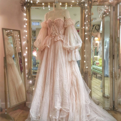 Romantic mermaid pink tulle ruffles long prom dress with bubble sleeves - Thumbnail 1