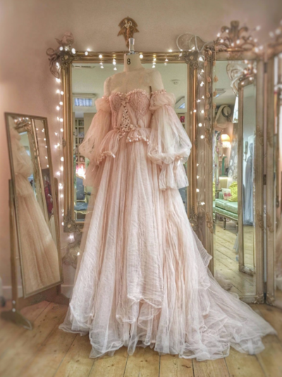 Romantic Mermaid Pink Tulle Ruffles Long Prom Dress with Bubble Sleeves
