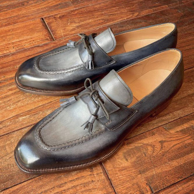 Men's handcrafted italian style leather tassel loafers gradient black slip-on dress shoes