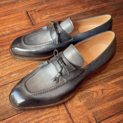 Men's Handcrafted Italian Style Leather Tassel Loafers Gradient Black Slip-On Dress Shoes