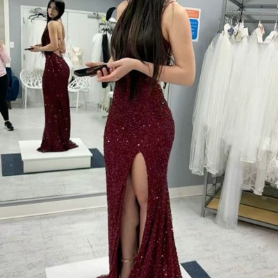 Spaghetti straps burgundy sequin backless prom dresses - Thumbnail 1