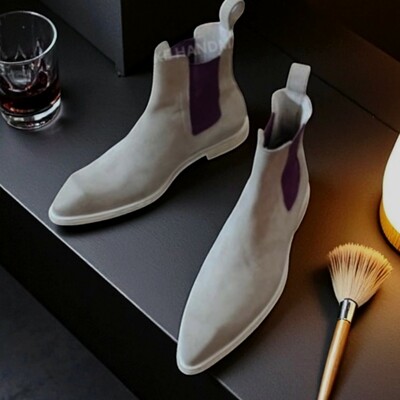 Crafted leather men classic white suede leather pointed toe chelsea boot - Thumbnail 1