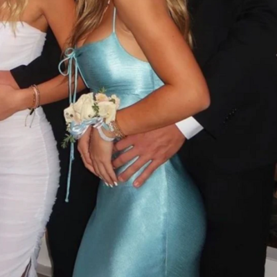 Spaghetti straps blue satin long senior prom dress - Thumbnail 1