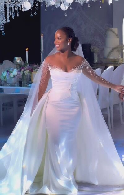 Elegant Wedding Dress, Mermaid Long Sleeve Beading Crystals African Girls Bridal Dress Bridal Gown