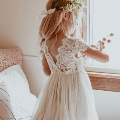 Cute capped sleeve lace back flowers girl dress - Thumbnail 1