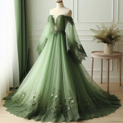 Off the shoulder v-neck tulle green party dress wedding dress with lace applique - Thumbnail 1