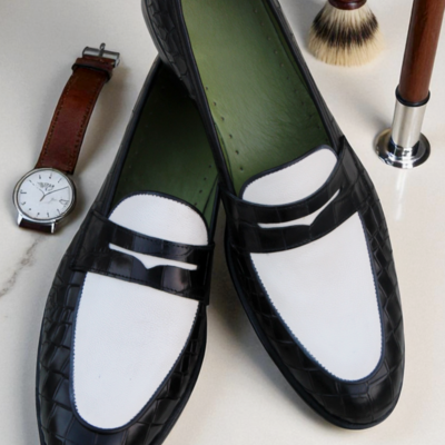 Crafted leather handmade classic two tone black white crocodile/alligator leather dress shoes