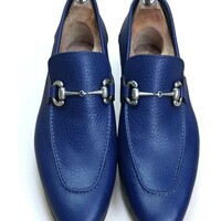 Crafted Leather Classic Men Blue Leather Horsebit Moccasin Loafers Dress Shoes - Thumbnail 2