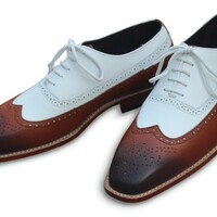 Crafted Leather Classic Men Brown White Oxford Dress Shoes - Thumbnail 2