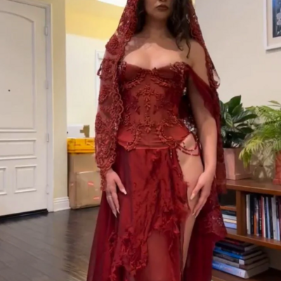 Off shoulder burgudny long prom dress lace evening party dress  - Thumbnail 1