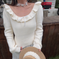 Lace collarbone exposed round neck ribbon bow knitted sweater - Thumbnail 1