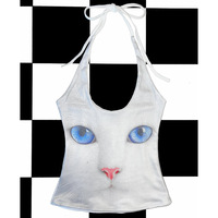 White Blue Eyes Cat Halter Tank Top - Thumbnail 3