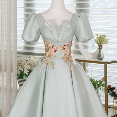 Light green satin short prom dress, a-line short sleeve evening party dress