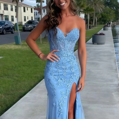Sweetheart sky blue mermaid prom dresses with lace appliques - Thumbnail 1