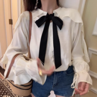 Fashionable and elegant contrasting color ribbon ruffled cardigan shirt - Thumbnail 5