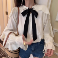 Fashionable and elegant contrasting color ribbon ruffled cardigan shirt - Thumbnail 6