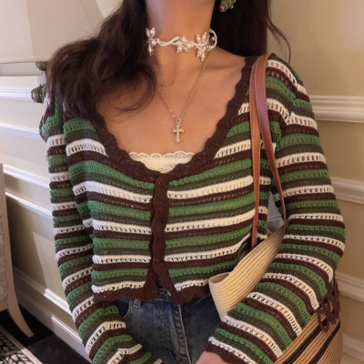 Fashionable colorful hollow crochet long-sleeved sweater jacket