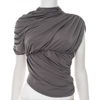 Solid color high collar casual vest T-shirt top - Thumbnail 5