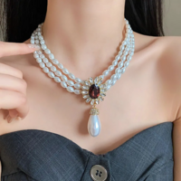  Elegant French Style Flower Inlaid Rhinestone Drop Pearl Necklace & Earring Set - Thumbnail 5