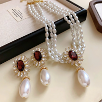  Elegant French Style Flower Inlaid Rhinestone Drop Pearl Necklace & Earring Set - Thumbnail 6