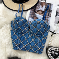 Spaghetti Strap Push-Up Rhinestone Ripped Denim Bustier Top - Thumbnail 5