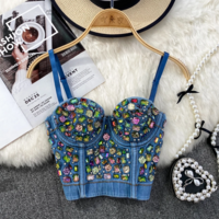 Colorful Rhinestone Denim Spaghetti Strap Corset Top - Thumbnail 9