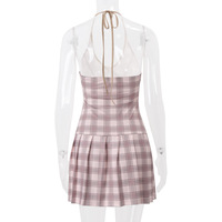 V-neck halter dress with contrasting plaid print - Thumbnail 1