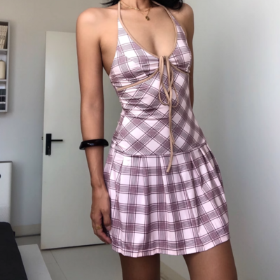 V-neck halter dress with contrasting plaid print
