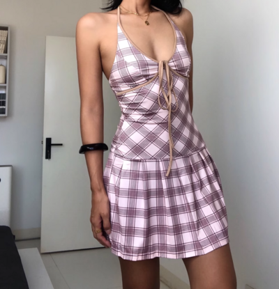 V-neck halter dress with contrasting plaid print