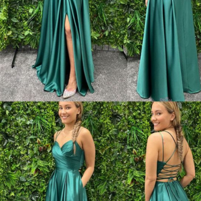 Simple green slit side prom dresses with criss cross - Thumbnail 1