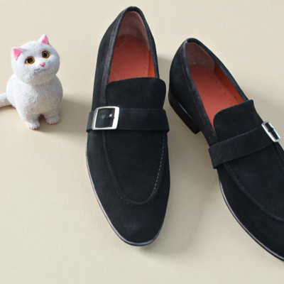Crafted leather classic black suede leather monk strap dress shoes