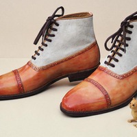 Crafted Leather Classic Tan Patina Suede Leather Ankle High Lace up Boot - Thumbnail 2