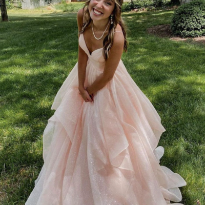 Beautiful pink v neck tulle formal prom dresses with backless - Thumbnail 1