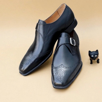 Crafted leather handmade classic black calf leather wingtip monk strap dress shoes