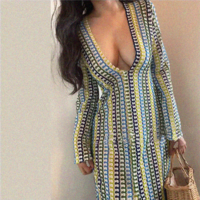 Yarn-dyed loose V-neck long-sleeved dress - Thumbnail 3
