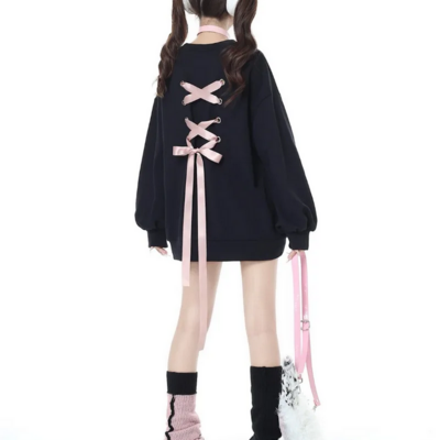 Hikigawa vintage lace-up loose fit harajuku hoodie