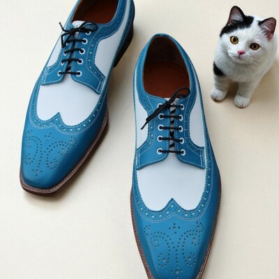 Crafted leather classic and elegant blue white leather wingtip oxford dress shoes