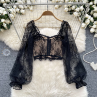 Elegant Slim Fit Ruffle Sleeve Lace Blouse - Thumbnail 1