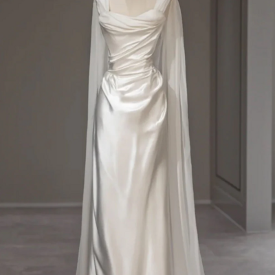 Elegant white satin pleats straps party dress - Thumbnail 1