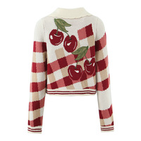 Vintage Embroidered Cherry POLO Collar Button Cardigan Cropped Sweater Knitwear - Thumbnail 1