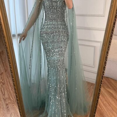 Luxury mermaid blue sequins beading prom dress evening formal gown