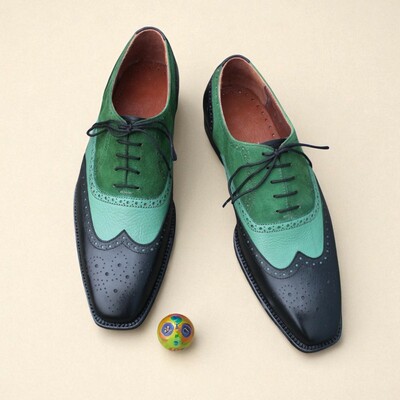 Crafted leather black green suede grain leather wingtip oxford men formal lace up dress shoes