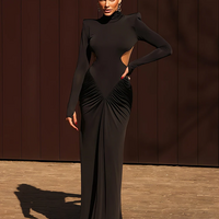 Weird Puss Backless Maxi Dress Women Shoulder Pads Long Sleeve - Thumbnail 8