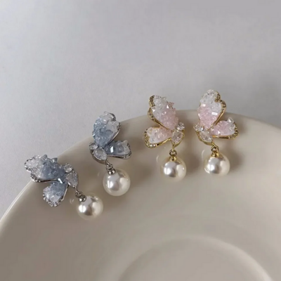 Elegant Zircon Pearl Crystal Butterfly Dangle Earrings
