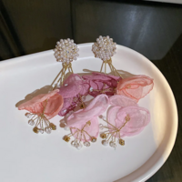 Statement Floral Bohemian Pink Chiffon Flower Earrings - Thumbnail 2