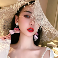 Statement Floral Bohemian Pink Chiffon Flower Earrings - Thumbnail 3